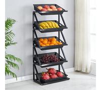 Dexinhdh Espositore a 5 livelli per negozi, scaffale portafrutta e verdura con 5 cestini, set di scaffali per snack con piedini antiscivolo per casa, negozio, mercato e cucina(Black)