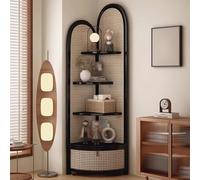 Dexinhdh Scaffale Angolare In Rattan A 4 Ripiani, Libreria Angolare Multifunzionale, Cestello Portaoggetti Inferiore Con Ruote, Espositore Angolare Da Terra, Per Soggiorno(Black)