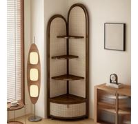 Dexinhdh Scaffale Angolare In Rattan A 4 Ripiani, Libreria Angolare Multifunzionale, Cestello Portaoggetti Inferiore Con Ruote, Espositore Angolare Da Terra, Per Soggiorno(Brown)