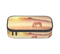 DEXNEL Astuccio portatile per la scuola, con cerniera e scritta "Horses On Pasture at Sundown", astuccio multifunzione ad alta capacità per bambini, Nero , Taglia unica, Organizer per borse