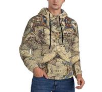 DEXNEL Felpa con cappuccio da uomo con stampa di mappe antiche mappe del mondo, con tasca, pullover casual con coulisse a maniche lunghe con cappuccio, Nero , XL