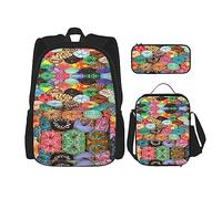 DEXNEL Grande capacità cane ananas zaino borsa pranzo astuccio combinazione 3 pezzi set, Ciambella, Taglia unica