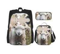 DEXNEL Grande capacità canna da pesca zaino borsa pranzo astuccio combinazione 3 pezzi set, Carino agnello di pecora, Taglia unica