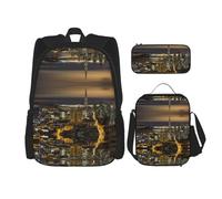 DEXNEL Grande capacità coccinella zaino borsa pranzo astuccio combinazione 3 pezzi set, Bella vista notturna della città, Taglia unica