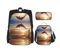 DEXNEL Grande capacità Halloween Cartoon Zaino Lunch Bag Pencil Case Combinazione 3 Pezzi Set, Divertente Delfino Animale, Taglia unica, moderno