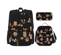 DEXNEL Grande capacità mucca stampa zaino borsa pranzo astuccio combinazione 3 pezzi set, Carino Brown Cartoon Owls, Taglia unica, moderno