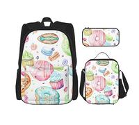 DEXNEL Grande capacità mucca stampa zaino borsa pranzo astuccio combinazione 3 pezzi set, Cupcakes Ciambelle Muffins Zucchero, Taglia unica