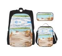 DEXNEL Grande capacità pittura colorato zaino pranzo borsa matita caso combinazione 3 pezzi set, Stella marina estiva conchiglia, Taglia unica