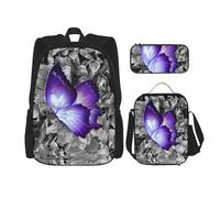 DEXNEL Grande capacità Rose Flower Floral zaino pranzo borsa portamatite combinazione 3 pezzi set, farfalla viola, Taglia unica