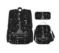 DEXNEL Night Paris Torre Eiffel Zaino con portapranzo Set di 3 zaini per la scuola abbinati per applicazioni Universe, Nero, One Size, Set di zaini per la scuola