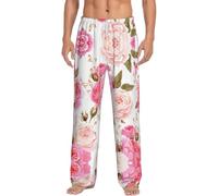 Dexnel Pantaloni da pigiama morbidi rosa con fiori floreali per gli uomini, pantaloni classici per il sonno, comodi, pantaloni pigiama in poliestere con tasche, bianco, XXL
