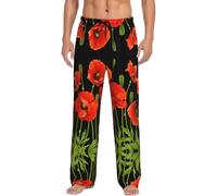 Dexnel Pantaloni morbidi del pigiama dei fiori rossi della primavera per gli uomini, pantaloni classici del sonno comodi, pantaloni del pigiama del poliestere con le tasche, Nero , L
