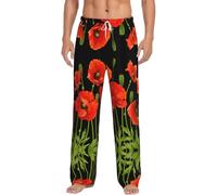 Dexnel Pantaloni morbidi del pigiama dei fiori rossi della primavera per gli uomini, pantaloni classici del sonno comodi, pantaloni del pigiama del poliestere con le tasche, bianco, S