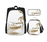 DEXNEL Set di 3 zaini per la scuola con barca da spiaggia e schizzo con portapranzo, abbinati, per applicazioni universitarie, Nero, One Size, Set di zaini per la scuola
