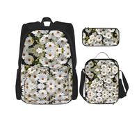 DEXNEL Set di 3 zaini per la scuola con margherite e portapranzo, abbinati, per applicazioni universitarie, Nero, One Size, Set di zaini per la scuola
