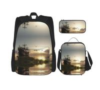 DEXNEL Ship in The Lake Sunset Zaino con Lunch Box Set di 3 Zaini Scuola Abbinamento Combo per Universo Applicazione, Nero, One Size, Set di zaini per la scuola