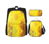 DEXNEL Sunflower Butterfly Sunny Zaino con portapranzo Set di 3 zaini per la scuola abbinati combinati per l'applicazione universo, Nero, One Size, Set di zaini per la scuola