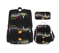 DEXNEL Zaino colorato con note musicali e portapranzo, set di 3 zaini per la scuola abbinati per l'applicazione dell'universo, Nero, One Size, Set di zaini per la scuola