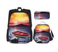 DEXNEL Zaino rosso con barca da pesca con portapranzo, set di 3 zaini per la scuola abbinati combinati per l'applicazione dell'universo, Nero, One Size, Set di zaini per la scuola