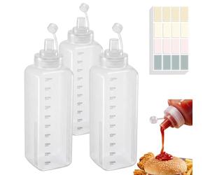 Dexpally 3 Pezzi 1000 ml Bottiglia Squeeze in Plastica Trasparente con Tappo Dosatore Antiperdite, con 1 Adesivo, Biberon Cucina a Bocca Larga, per Ketchup, Salsa Piccante, Olio d'Oliva, Pittura