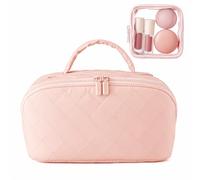 Dexpally Borsa per trucchi da viaggio, borsa per cosmetici imbottita e gonfia, borsa per trucco da donna, grande capacità, borsa ampia aperta, borsa da viaggio, accessori da toeletta, pennelli, rosa