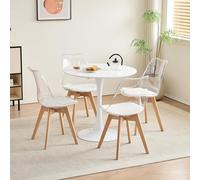 DEYARNA HOME Set Sala da Pranzo,Tavolo da Pranzo Rotondo con 4 Sedie da Pranzo Trasparenti (Cuscino in Pelle Sintetica), Ideale per Cucina, Soggiorno, Sala da Pranzo, Ufficio (RD_Bianco)