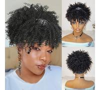 DEYNGS Parrucca nera riccia con fascia per capelli afro parrucca con fascia per capelli afro corti, capelli ricci con frange, avvolgere la testa 2 in 1, sciarpa nera 2 in 1
