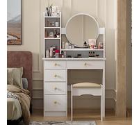 DEZAGCE toeletta trucco, Tavolo da toeletta con sgabello e 5 cassetti, toletta da trucco con specchio con grande specchio rotondo, bianco, MDF, 80 x 40 x 135 cm