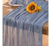 DeZerlor Runner da tavola in garza blu polveroso con garza pasquale primaverile, stile bohémien, 305 cm, decorazione da tavolo per matrimoni, feste di nascita, baby shower