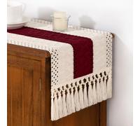 DeZerlor Runner da tavola in macramè, Stile Bohémien, con Nappe, 122 cm, Colore: Avorio e Rosso Bordeaux, in Cotone e Lino, centrotavola per Tavolo da Pranzo, comò, Decorazione per la casa