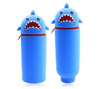DEZP 1 Pezzi Kawaii Astuccio Scuola Per Legami Penna 2 In 1 In Morbido Silicone, 18.5 * 6.5 Cm Tema Animali, Portapenne Da Tavolo, Chiusura Con Cerniera, Penne Pastelli Pennarelli (Squalo Blu)