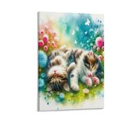 DFENILROP Gatti Acquarello Quadro Da Parete, Gatto Carino Poster Opera D'arte | Stampa Tela Murale, Belle Pitture Decor Casa Per Soggiorno Camera Regalo 12x18inch(30x45cm)