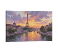 DFENILROP Paesaggio Senna Quadro Da Parete, Torre Eiffel Sunset Poster Opera D'arte | Stampa Tela Murale, Belle Pitture Decor Casa Per Camera Corridoio Regalo 20x30inch(50x75cm)
