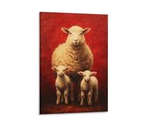 DFENILROP Quadro Murale, Animali Stampa D’Arte, Mamma E Agnelli: Arte Rurale Su Sfondo Rosso, Ideale Per Case O Stili Rustici, Tela Unico, Regalo 20x30inch(50x75cm)