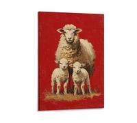 DFENILROP Quadro Murale, Animali Stampa D’Arte, Mamma Pecora Con Due Agnelli Su Sfondo Rosso, Decorazione Rustica Per Casa, Tela Di Design, Regalo 16x24inch(40x60cm)