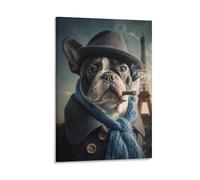 DFENILROP Quadro Per Parete, Animale Domestico Stampa D’Arte, Bull Terrier Con Cappello E Sciarpa Con Sigaro, Sfondo Torre Eiffel, Stile Noir, Tela Unico, Regalo 24x36inch(60x90cm)