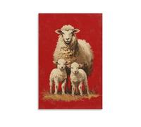 DFENILROP Quadro Per Parete, Animali Stampa D’Arte, Mamma Pecora Con Due Agnelli Su Sfondo Rosso, Decorazione Rustica Per Casa, Tela Di Design, Regalo 24x36inch(60x90cm)