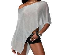 DFJOENVLDKHFE Coprispalle da donna con coprispalle asimmetrico in maglia con una spalla, camicetta in rete con poncho trasparente alla moda for le vacanze al mare(Silver,M)