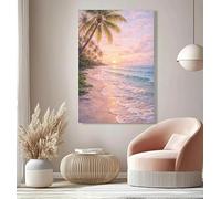 DFUMKOF Impression sur toile « Plage tropicale » avec coucher de soleil sur l'océan, palmiers et décoration botanique (20 x 30 cm, sans cadre).