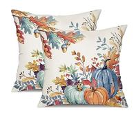 DFXSZ Set di 2 federe per cuscini autunnali, 40,6 x 40,6 cm, blu e verde, acquerello, zucca, foglie cadute, decorative, per autunno e Ringraziamento, decorazione per casa e divano 27