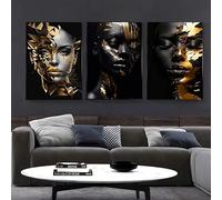 DFZEWKI 3 pezzi di poster d'arte di bellezza africana radiosa dorata, stampe su tela, dipinti moderni, ritratti, arte murale per l'arredamento del soggiorno (50x70 cm (20x28 pollici) x3)
