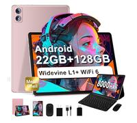 Dghrti 2025 Android Tablet 10 pollici, 22 (6 + 16) GB RAM+128 GB ROM/TF 2TB, batteria 8000 mAh, CPU 8 core, Widevine L1, WLAN 6, GPS, Face ID, BT5.0, 5 MP+8 MP, tablet con tastier mouse, corpo in