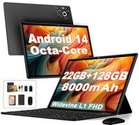 Dghrti 2025 Tablet 10 Inch Android 14, 22GB RAM 128GB ROM/TF 1TB, Octa-Core Processor, 8000mAh, Metal Body, Face ID, WiFi 6, 8MP+5MP, Widevine L1, Eye Protection, Keyboard, Mouse, Black