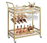 DGOINGPI carrellino cucina Carrelli bar a 2 livelli per la casa, ripiano in legno con finitura in marmo bianco, portabottiglie e portabicchieri per la cucina Carrello