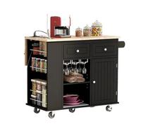 DGOINGPI carrellino cucina Carrelli da cucina su ruote con cassetto portaoggetti con presa di corrente e ripiano in legno di gomma Carrello(Black)