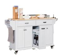 DGOINGPI carrellino cucina Tavolo da cucina ad isola su ruote con piano in legno, carrello da cucina ad isola con mobiletto portaoggetti a 4 ante Carrello(White)