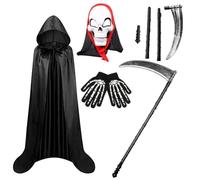 DGTSYAL Halloween Costume Mietitore Set - Mantello con cappuccio del Mietitore, Maschera a Teschio, Falce, Guanti Scheletro, per Halloween, Cosplay, Carnevale, Recitazione teatrale, per Adulte e kids