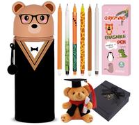 DGTSYAL Kawaii Astuccio Scuola 2 in 1 in Morbido Silicone, Portapenne da Tavolo, Penne Pastelli Pennarelli, Astuccio Portapenne Animali (graduation bear + 6 penne + portachiavi)