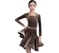 DgtZyrih Abiti da Ballo Latino per Ragazze, Gonna in Velluto a Maniche Lunghe, Gonna con Volant, Abito da Ballo lirico Moderno, Costume da Spettacolo per Tango e Rumba,Marrone,160