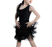 DgtZyrih Ragazze Abito da Ballo Latino con Frange, Costume da Ballo Senza Maniche per Bambini, Concorso Dancewear Sala da Ballo Samba Tango Cha-Cha Performance Costume,Nero,170